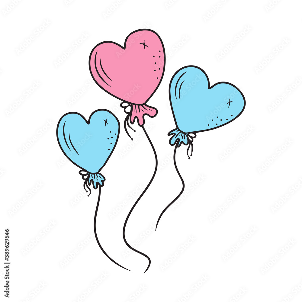 Hand drawn three colorful balloons in the shape of a heart isolated on a white background. Doodle, simple outline illustration. It can be used for decoration of textile, paper and other surfaces.