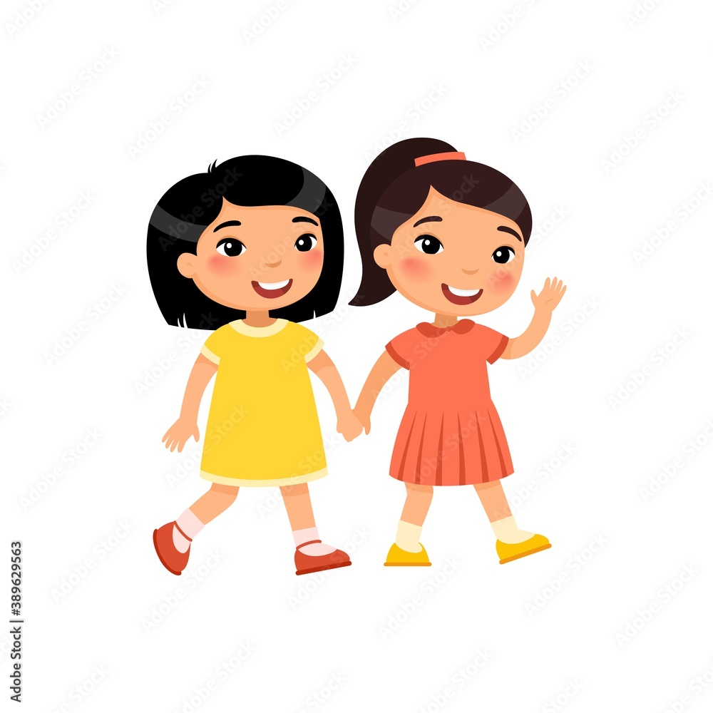 Two little asian girls go holding hand, cartoon characters. Smiling kids isolated on white background. Friendship concept. Vector illustration. Two little asian girls go holding hand, cartoon characters. Smiling kids isolated on white background. Friendship concept. Vector illustration.
