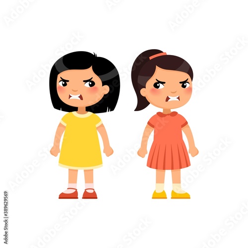 Angry little girls flat vector illustration. Furious asian children quarrel, aggressive kids arguing cartoon characters. Kids with mad face expression isolated on white background