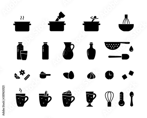 Eggnog, silhouette icons set for cooking recipe. Pictograms for preparation of hot homemade drink on stove. Milk, cream, eggs, spice, alcohol, glass. Black outline emblem. Flat isolated vector