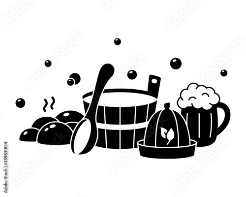 Sauna silhouette label. Bath tools for Russian banya, bathhouse. Black horizontal illustration of wooden tub, ladle, hat, hot stones, beer mug, soap bubbles. Outline vector emblem, white background