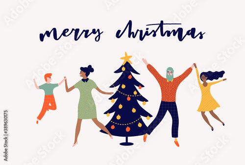 Merry Christmas illustration with funny people who celebrate holidays