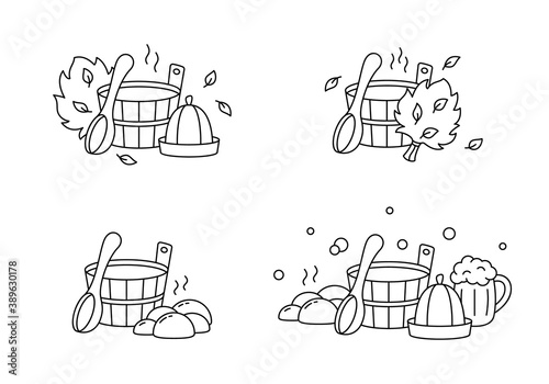 Sauna or banya, labels set for coloring. Linear emblem of classic bath tools. Black illustration of wooden tub, ladle, spoon, hat, broom, beer mug, bubbles. Contour isolated vector, white background