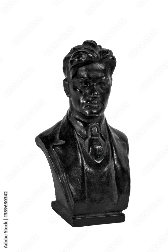 Black color cast-iron figurine of a bust of the poet Vladimir Mayakovsky isolate on a white background. Kasli casting, souvenir figurine.