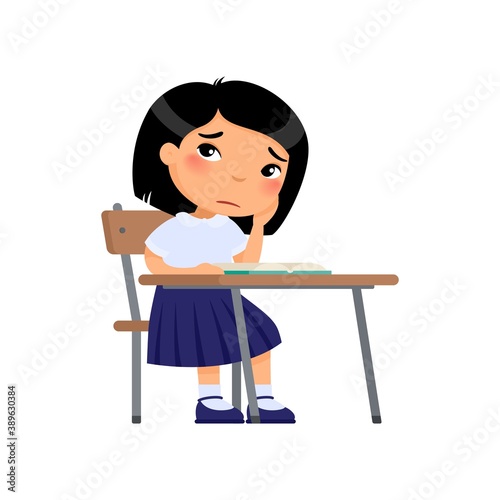 Sad elementary school student flat color vector illustration. Unhappy asian schoolgirl sitting at table and reading book. Girl in school uniform doing homework isolated cartoon character 