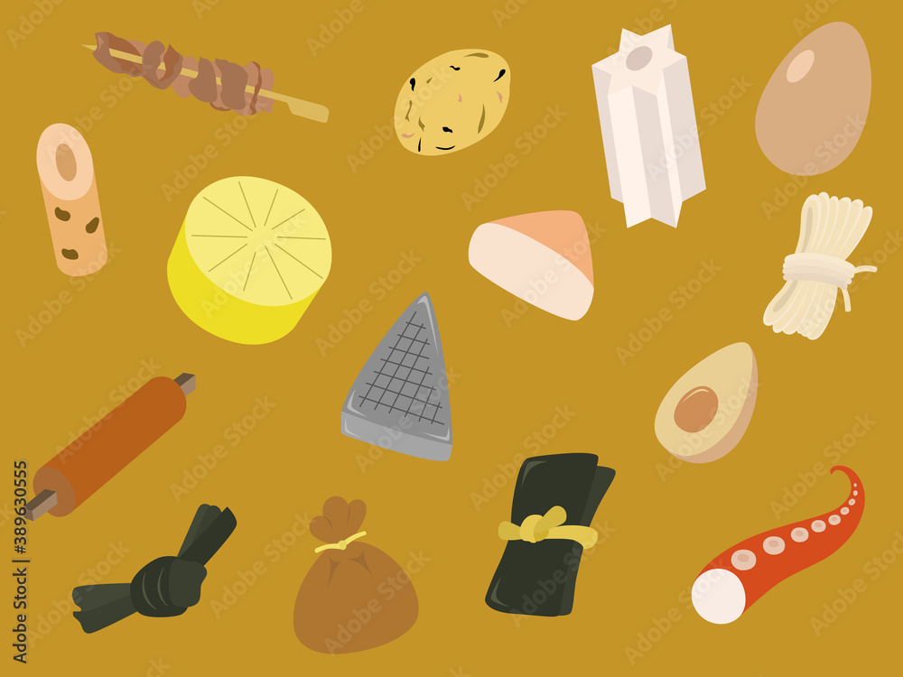 おでん 素材 背景 イラスト 牛すじ ちくわ 昆布 しらたき タコ 餅巾着 卵 こんにゃく 大根等 Vektornyj Obekt Stock Adobe Stock