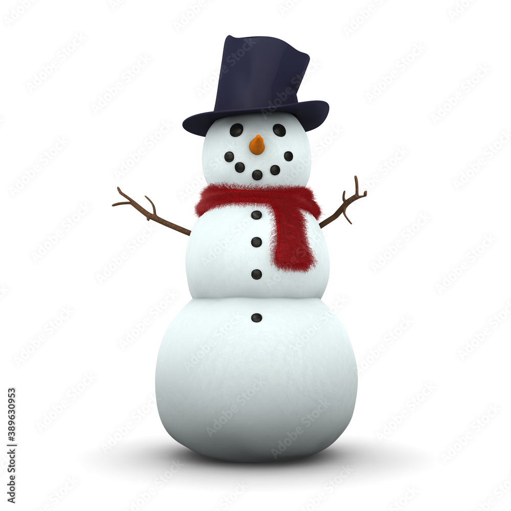 3d illustrated snowman with black hat and red scarf on white background.
