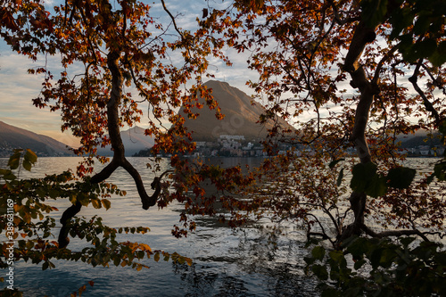 Panorama of Lake Lugano and Monte San Salvatore in the background.