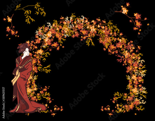 beautiful japanese geisha wearing traditional kimono clothes and fall tree branches forming bright arch - autumn season vector design