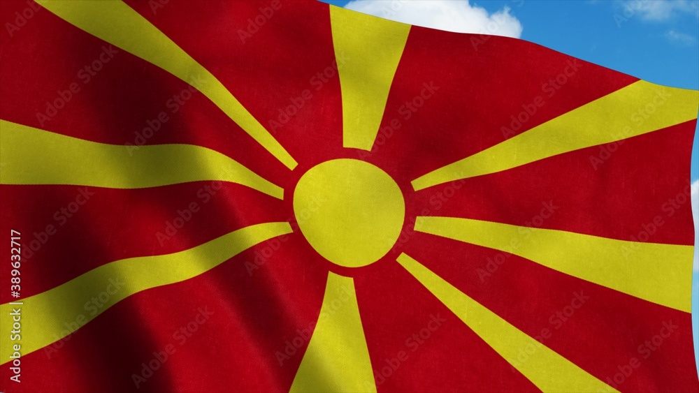 Macedonia flag waving in the wind, blue sky background. 3d rendering