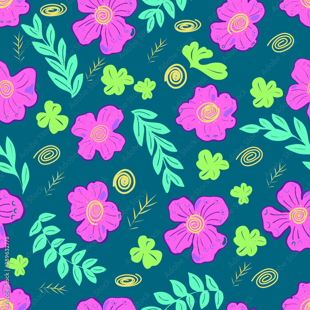 Seamless pattern with pink flowers on green