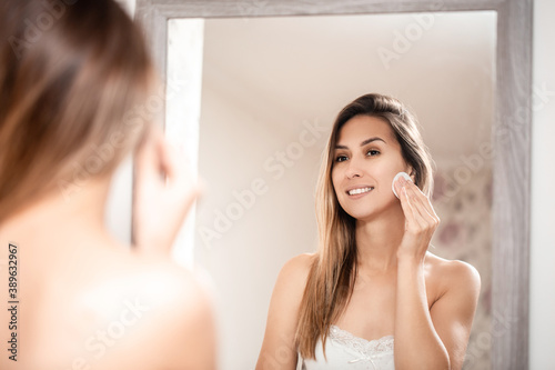 Clean skin woman home casual portrait beautiful face. Beauty treatment. Spa procedures at home