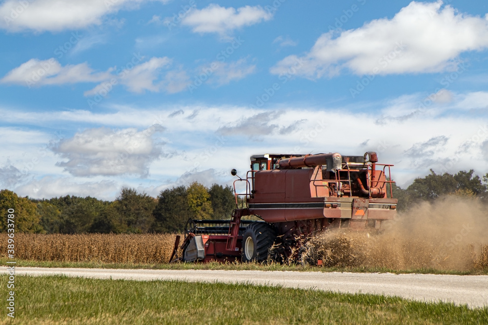 Fototapeta premium Combine Harvesting Field of Soybeans