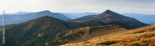 Panoramic mountain landscape with Mount Hoverla - the highest peak of Ukraine and part of the Carpathian Mountains. Chornohora ridge in autumn season