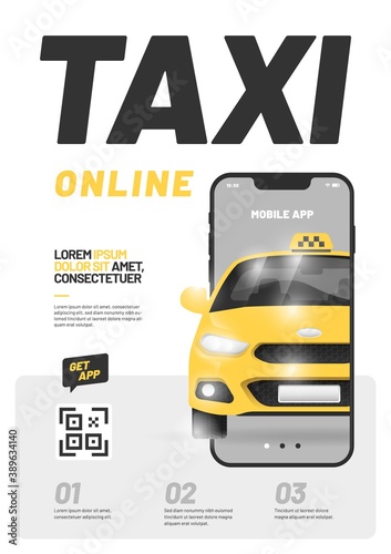 Design for online taxi advertising. Vector layout with taxi car. Adapt for poster, flyer, banner or social media.