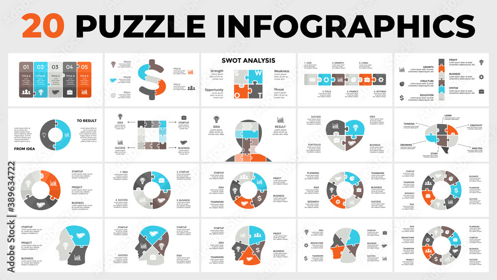 20 Puzzle Infographic templates for your presentation. Includes elements from diagrams or timelines to banners and creative symbols.