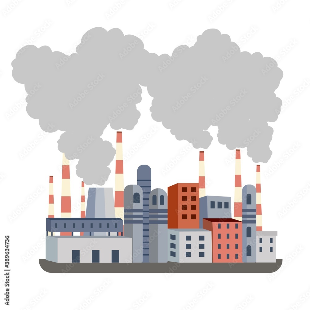 Air pollution. Ecology concept. Industry factory vector industrial chimney pollution with smoke in environment. Background of the factory chimneys with toxic air. Ecology protection movement.