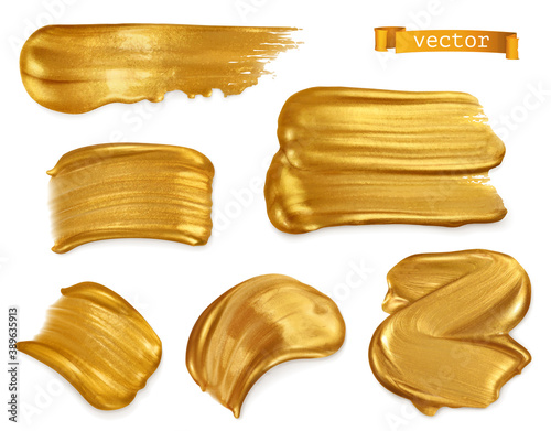 Gold paint smear, 3d vector realistic set