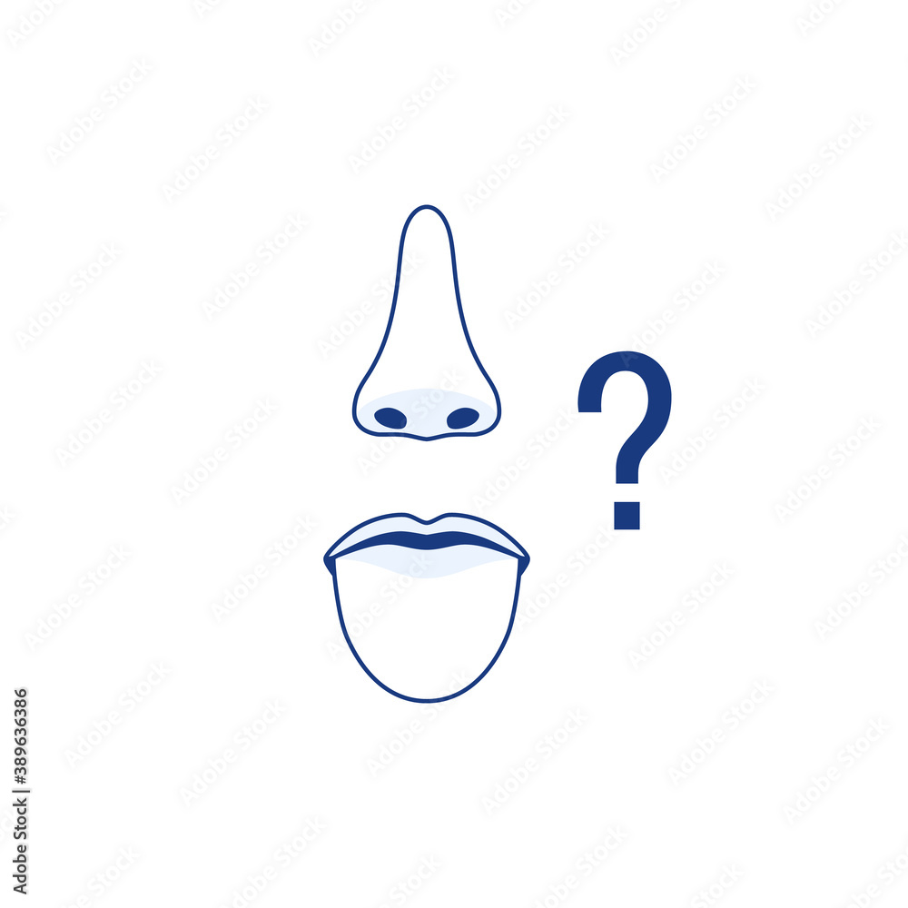 Obraz premium Protruding tongue mouth nose line icons isolated on white background. Smell and taste sense loss concept, question mark. Flu virus cold coronavirus runny nose symptom sign. Outline vector illustration
