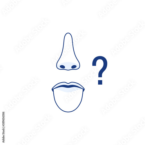 Protruding tongue mouth nose line icons isolated on white background. Smell and taste sense loss concept, question mark. Flu virus cold coronavirus runny nose symptom sign. Outline vector illustration