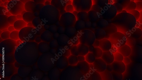 Abstract background of black spheres glowing red light 3d illustration