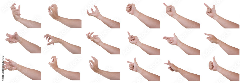 Group of Male asian hands gestures isolated over the white background. Many Action.