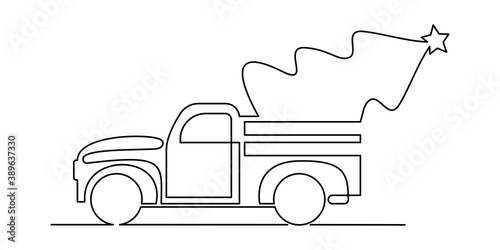 Retro pickup truck with christmas tree, continuous line. Vector illustration, isolated on white background.