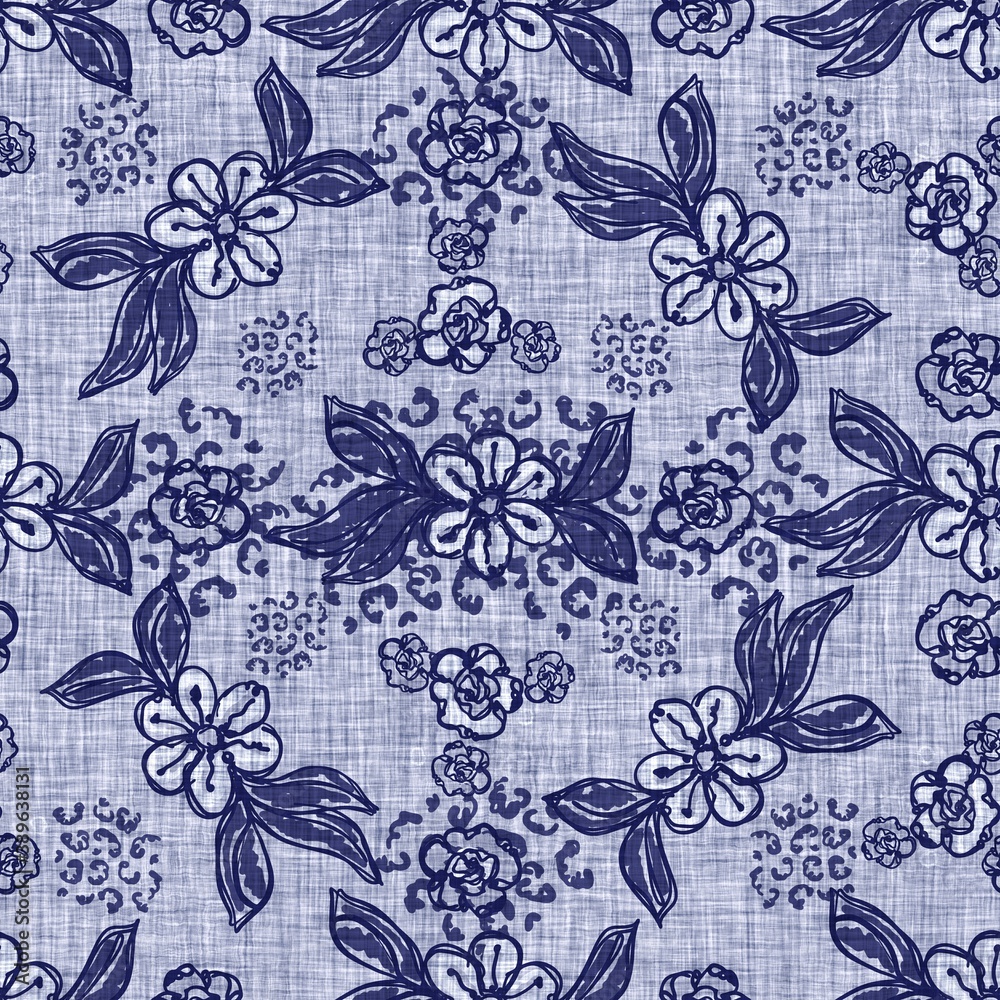 Indigo blue flower block print dyed linen texture background. Seamless