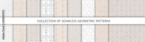 A collection of seamless geometric ornamental patterns in curly pastel colors.