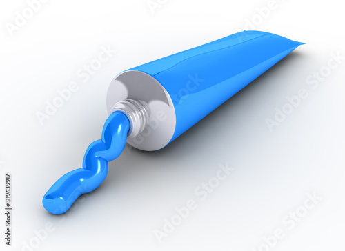 Squeezed aluminum tube with blue color isolated on white background. 3D illustration.