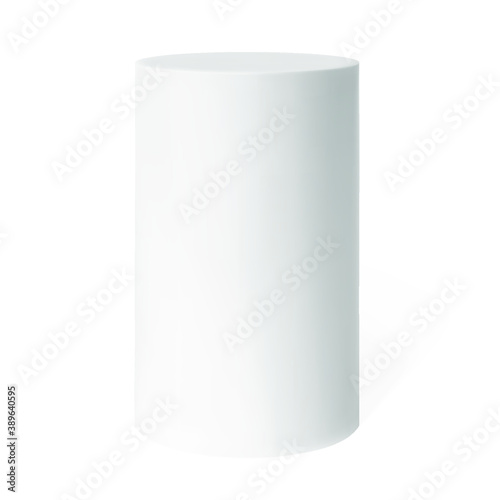 White podium mockup cylinder shape isolated on white background vector illustration. Pedestal, stage or platform for product presentation with empty space for display