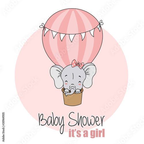 baby girl shower card. Elephant flying in balloon