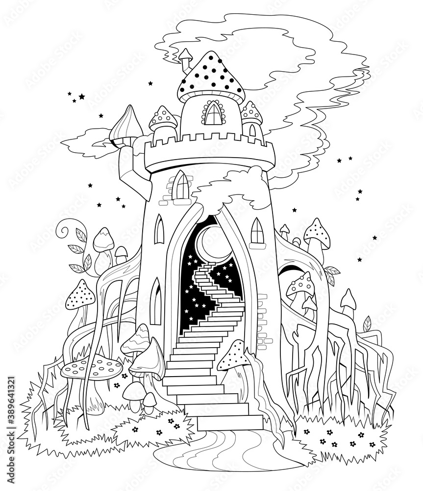 Black and white page for coloring book. Illustration of fairyland ...