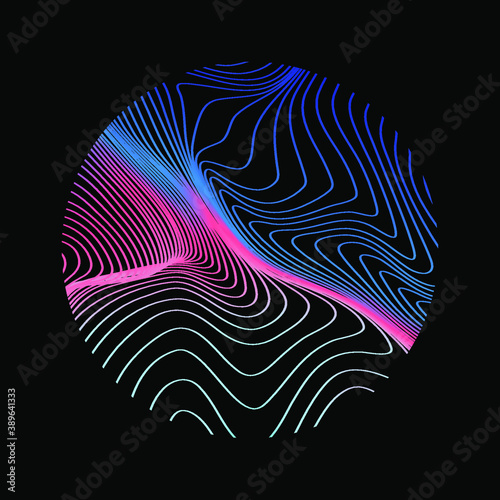 Sphere with glitchy and distorted surface of lines on dark background. Abstract technology illustration.