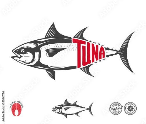 Vector bluefin tuna label isolated on a white background