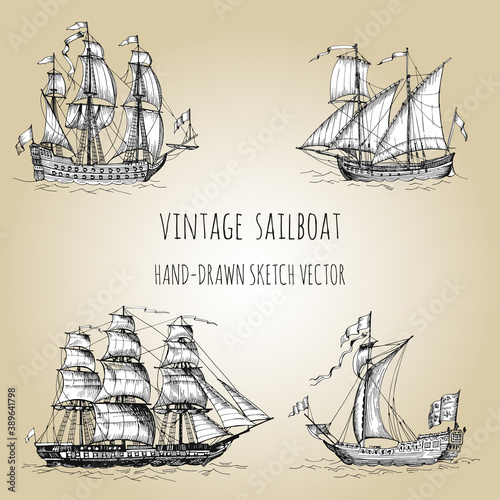 Old caravel, vintage sailboat. Hand drawn vector sketch.