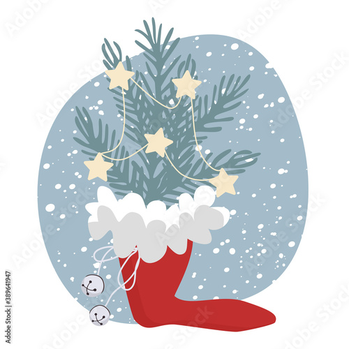 Santa's shoe with fir tree branches , stars and bells on  blue background with snow fall. Vector illustration