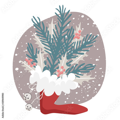 Santa's shoe with fir tree branches , holly leaves and bells on  beige background with snow fall. Vector illustration