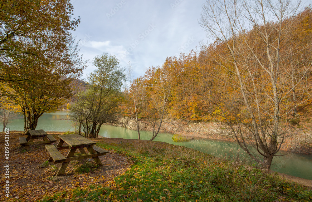 Wooden tables in rest area on the pathway of the lake of Brugneto in autumn, province of Genoa, Antola Park, Italy