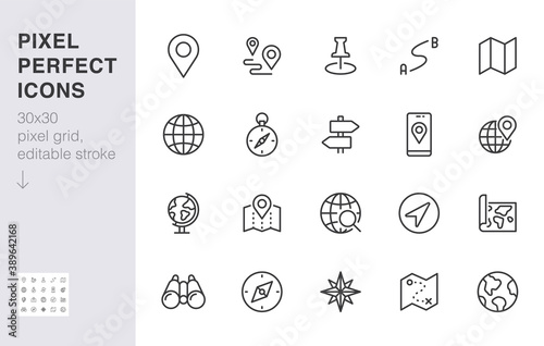 Location line icon set. Compass, travel, globe, map, geography, earth, distance, direction minimal vector illustration. Simple outline sign navigation app ui 30x30 Pixel Perfect Editable Stroke photo