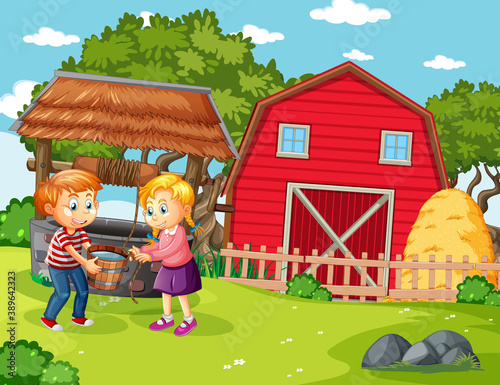 Happy family in farm scene in cartoon style