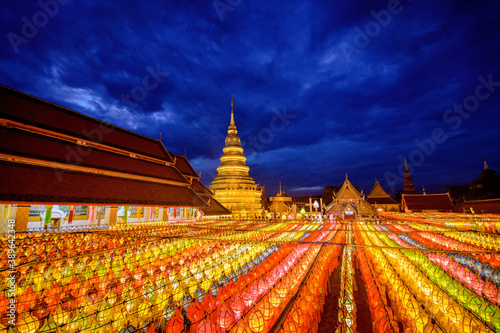 Wat Phra That Hariphunchai lamp lantern Lanna Yi Peng festival in Lamphun Thailand. © nopporn