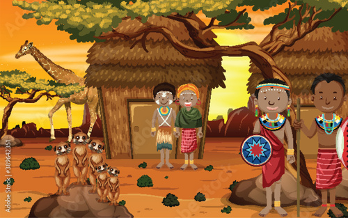 Ethnic people of African tribes in traditional clothing in nature background