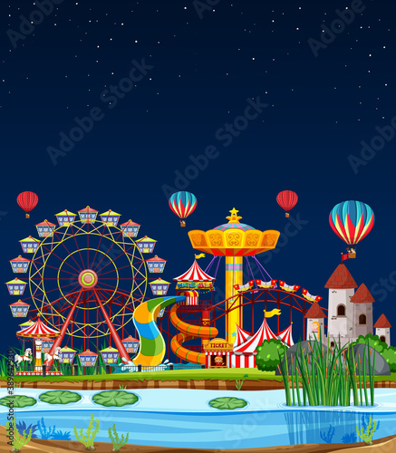 Amusement park scene at night with balloons in the sky