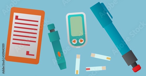 Medical design concept. Colorful glucometers, insulin pen, lancets and test strips.