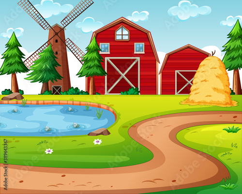 Farm with red barn and windmill scene