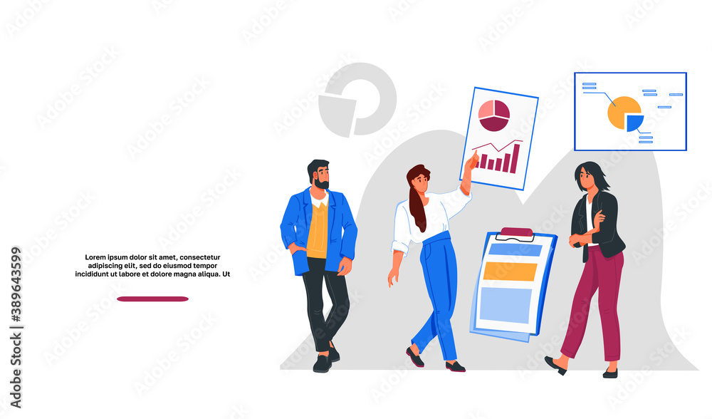 Business and finance topic website banner template with business people leading presentation or making financial report. Financial statistics and analytics web page, flat vector illustration. Business and finance topic website banner template with business people leading presentation or making financial report. Financial statistics and analytics web page, flat vector illustration.