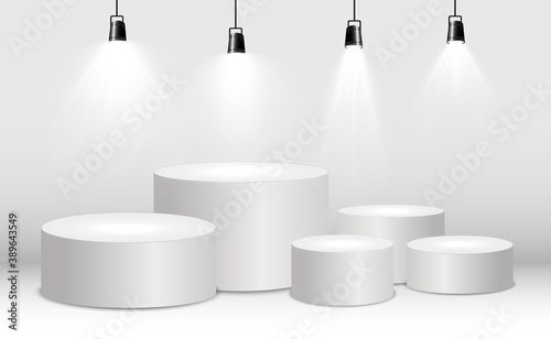 White podium or platform with spotlights. A pedestal for rewarding the winners.	
