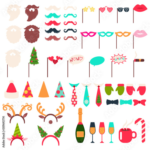 Christmas photo booth props and carnival masks vector cartoon icons set isolated on a white background.