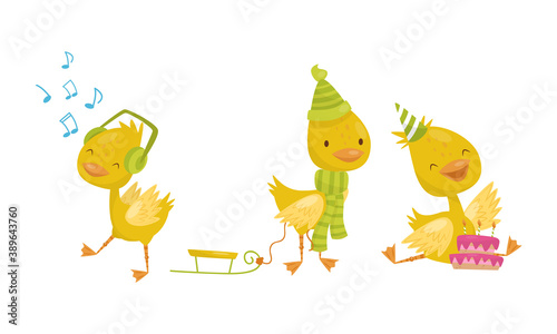 Cute Yellow Duckling Pulling Sledge, Listening to Music and Celebrating Birthday Vector Set